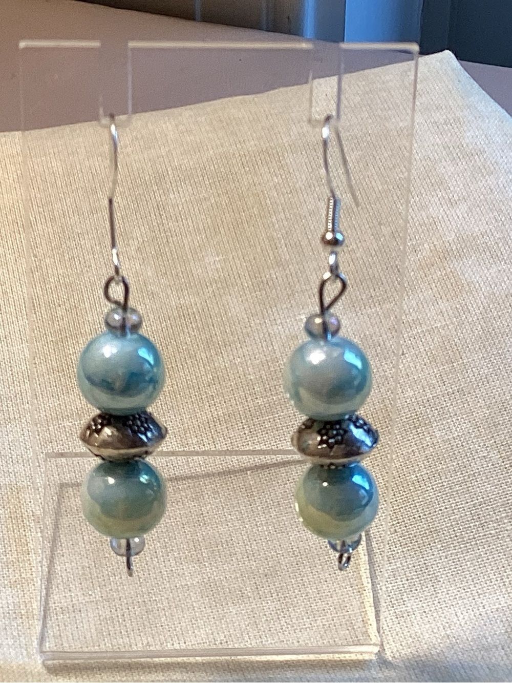 Silver Tone & Light Blue Glass Pearls Drop Earrings w/Sterling Silver Ear Wires
